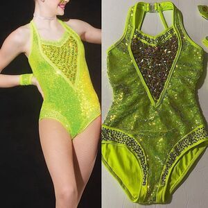 Rare Glamour Competition Solo Costume Neon Lime green Crystal Jazz Open SA adult
